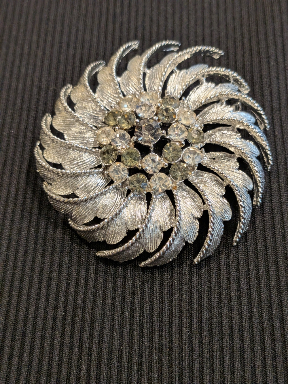 B#5: Sarah Coventry Vintage 1960-1970s Silver Tone Crystal Floral Swirl Brooch